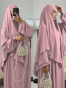 3件組 Khimar+Abaya 柔軟穆斯林祈禱服裝，長款 Abaya 配搭同色系頭巾，休閒外出必備時尚單品 (頭巾+洋裝+腰帶) 祈禱吉爾巴布 - 彩色 - 查看 32