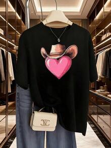 Plus Size Women's Short Sleeve T-Shirts, For Summer, Everyday Basic Tops, New Style 2026 Short Sleeve T-Shirt, Denim Heart For Valentine's Day, Unique Style 2026, Casual And Beautiful Women's Shirt, Versatile Top + Machine Washable, Gift Idea, Breathable And Comfortable. - 黑色 - 查看 1