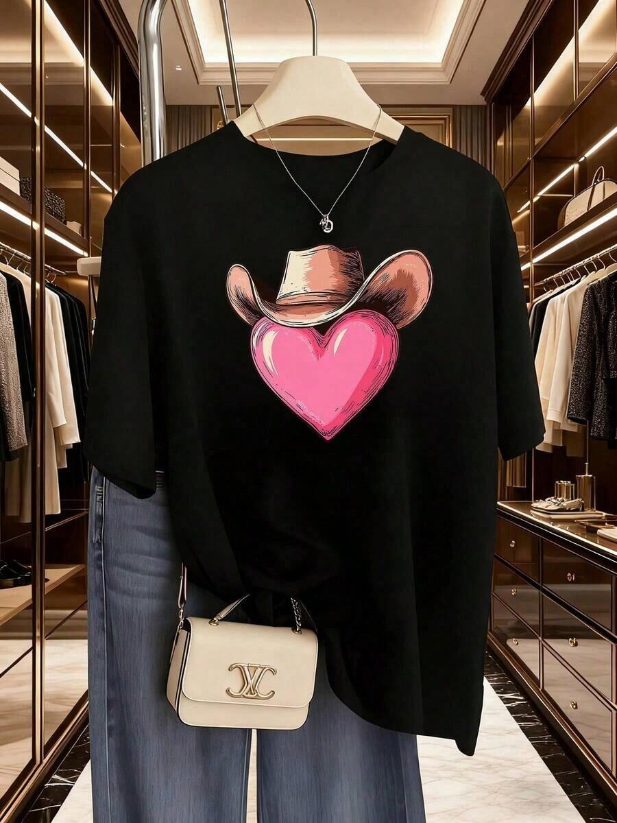 Plus Size Women's Short Sleeve T-Shirts, For Summer, Everyday Basic Tops, New Style 2026 Short Sleeve T-Shirt, Denim Heart For Valentine's Day, Unique Style 2026, Casual And Beautiful Women's Shirt, Versatile Top + Machine Washable, Gift Idea, Breathable And Comfortable. - 黑色 - 查看 1