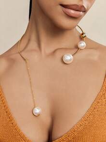 1 Piece Large Pearl Necklace With Metal Collar, Y2K Asymmetrical Geometric Round Bead Necklace, Retro Punk Grunge Cool Girl Collarbone Chain, Holiday Party Jewelry Gift - Pearl Necklace - View 6