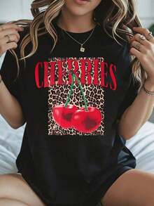 Camiseta con Estampado de Cerezas para Mujer, Estilo Casual de Verano, con Patrón de Leopardo y Cerezas Rojas, Camiseta Gráfica Negra de Corte Holgado para Uso Diario y Atuendos de Vacaciones - Negro - Ver 8