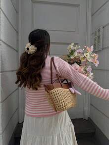 Senya 女款秋季條紋針織開襟衫，圓領長袖鈕扣前襟毛衣，休閒寬鬆學院風外套，甜美風上衣 - 粉色 - 查看 8