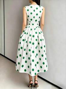 Women's Fresh Vacation Style Green Polka Dot V-Neck Sleeveless Waist Fit Flare Dress Elegant Summer - Multicolor - View 2