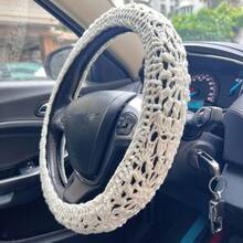 Handmade Crochet Steering Wheel Cute Car Seat Belt Cover Woven Sunflower Grandmother Plaid Pattern Female Car Decoration Additions - 白色 - 查看 3