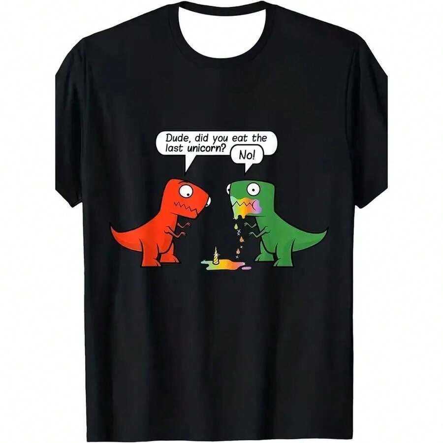 Camiseta informal de manga corta para hombre con estampado divertido "Dude, Did You Eat The Last Unicorn Dinosaur Pattern R NostaL1Gic Style", 220 g, de algodón puro, para hombre y mujer. Tejido grueso, resistente a las arrugas y que no se deforma fácilmente. Estilo sencillo y versátil, ligero y transpirable, perfecto para ir al trabajo, viajar, acampar, ir de compras y para el tiempo libre diario. - Negro - Ver 1