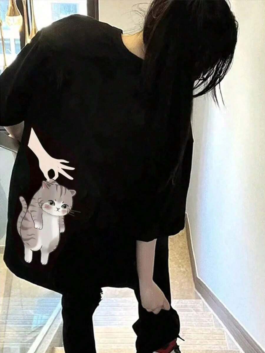 Women's Custom T-Shirt, Casual, With Cat Print, Loose Fit, Round Neck, Short Sleeve, Spring/Summer, Black, Urban Vintage Style, Loose Cotton T-Shirt With Round Neck And Short Sleeves - 黑色 - 查看 1