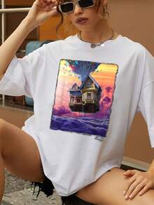 Casa flotando en el cielo con globos multicolores simboliza libertad sueños y esperanza sobre nubes suaves al atardecer camiseta de mujer  cómoda y transpirable para uso diario - Blanco - Ver 6