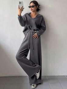 Conjunto de 2 piezas de suéter holgado de cuello vuelto de unicolor y pantalones de pierna ancha para mujer, otoño - Gris Oscuro - Ver 7