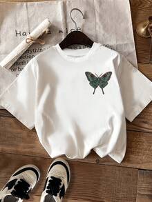 Women's T-Shirts, Summer Tops, Vintage Butterfly Pattern, Front And Back Print, Fashionable, Casual Round Neck Short-Sleeved Cotton T-Shirt, Women's T-Shirt - White - View 2