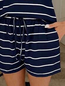 Conjunto de top y pantalones cortos a rayas deportivos y casuales de primavera/verano para mujer, moda y comodidad con elasticidad - Azul marino - Ver 6