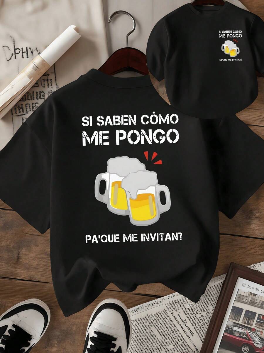 Dos vasos de cerveza chocando en un brindis alegre con espuma rebosante representan amistad celebración y humor acompañados de la frase divertida que invita a disfrutar el momento camiseta de mujer estampada doble cara casual divertida para uso diario - Negro - Ver 1