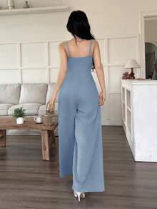 de pierna ancha holgado con pliegues plegados de unicolor para uso casual y diario de verano para mujeres - Azul - Ver 2