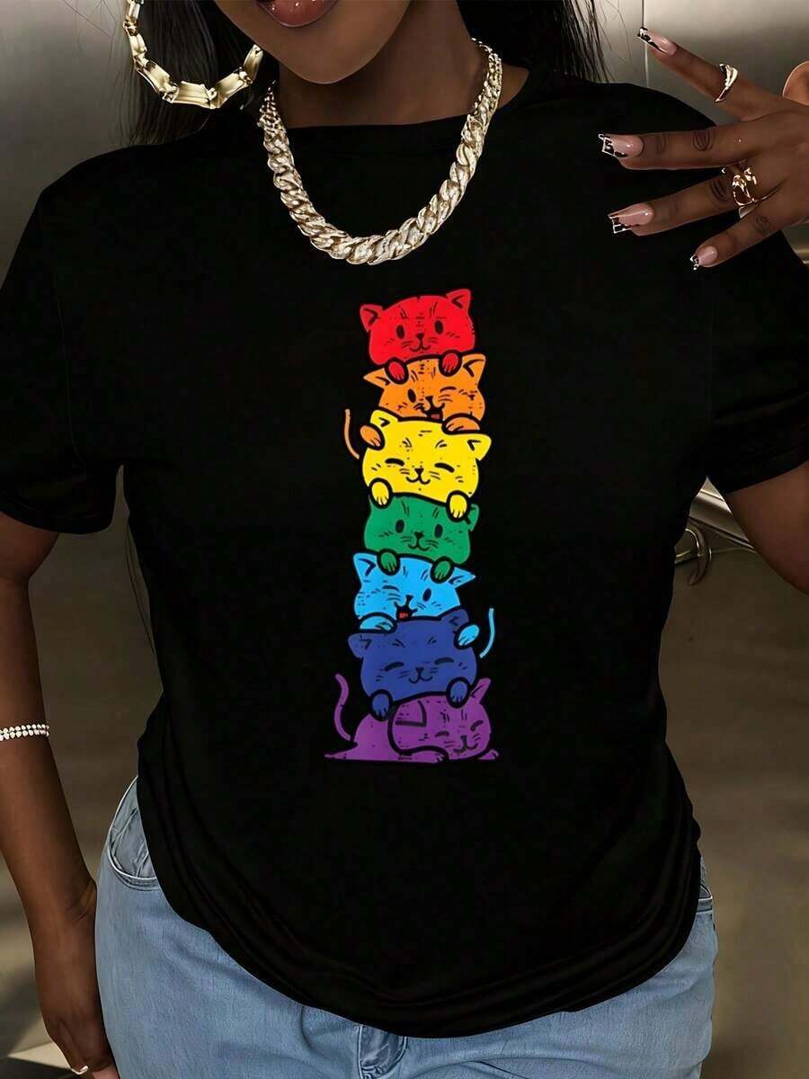 Camiseta de Cuello Redondo para Mujer, Estampado de Gatos Arcoíris Apilados, Ropa Casual de Verano, para el Mes del Orgullo - Negro - Ver 1