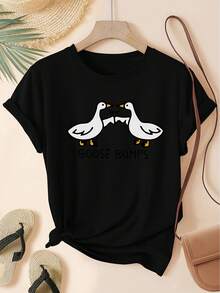 Women's T-Shirt With English Letter Print By Goose, Fresh Summer Style, Round Neck And Short Sleeves, Sporty And Casual, Apricot Color, Sizes S-XXL. - 黑色 - 查看 7