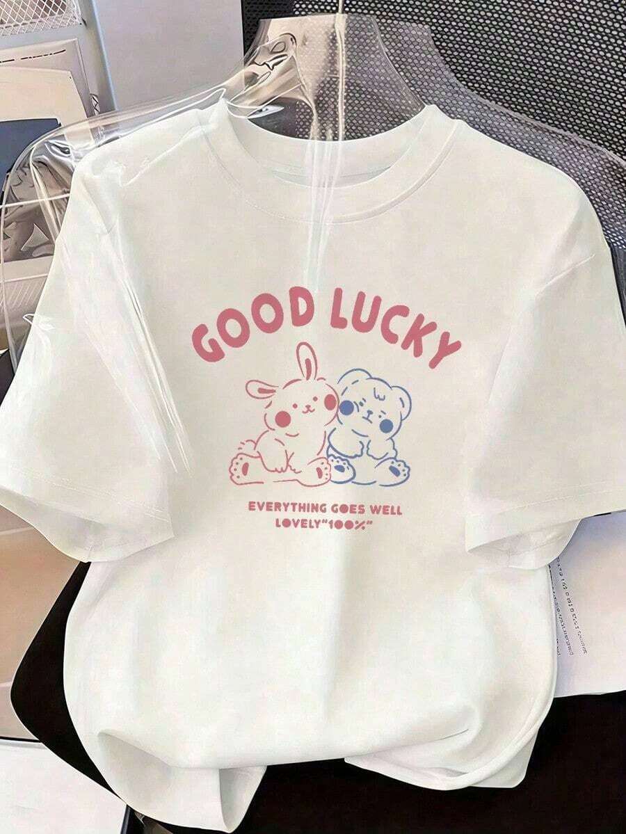 Remera Amigos Animalillos Frase Buena Suerte,Camiseta de manga corta de moda para primavera y verano de 2026, Estampado de dibujos animados, modelo de pareja, apta para uso interior o exterior. Cuello redondo, unisex, ideal para oficina y ocio. - WH-P631557LNDXZGY281 - Ver 1
