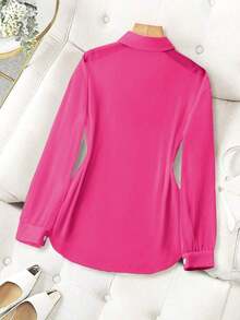 Blusa minimalista de unicolor transparente con cuello vuelto, blusas de manga larga - Rosa Fucsia - Ver 2