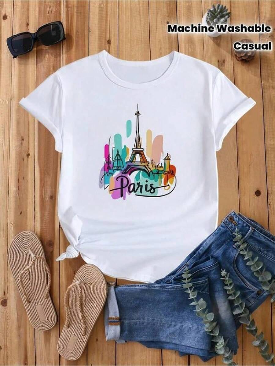 Informal para el día a díaParis Print T-Shirt - French Short Sleeve Crew Neck Top With Eiffel Tower & Parisian Landmarks, Casual Casual Attire Suitable For Seasons, Machine Washable Wardrobe Essential,Camiseta de cuello redondo, camiseta informal estampada para mujer,Camisetas para hombre, camisetas a juego para padres e hijos, ropa de apoyo para la Copa del Mundo, artículos esenciales para la graduación y la vuelta al cole. - Blanco - Ver 1