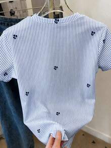 Camiseta de manga corta de mujer con cuello redondo, estampado de cerezas a rayas, de uso casual y versátil para uso diario - Multicolor 3 - Ver 2