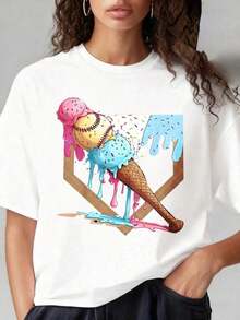 Camiseta Casual de Mujer con Cuello Redondo y Manga Corta, Estampada con Gráficos de Béisbol, Helado y Cono, Camiseta de Moda Casual de Verano para Mujer, Adecuada para Fiestas de Navidad, Actividades Deportivas, Fiestas de Vacaciones, Salidas, Deportes y Otros Regalos Festivos (220g). - Blanco - Ver 6