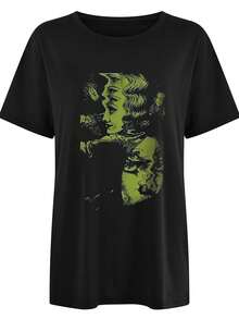 100% Cotton Women's T-Shirts 2026 Vintage, Drop Shoulder Sleeve, Loose Fit, Short Sleeve, Korean Style Print Women's T-Shirt - Black - View 2