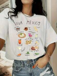 Women's Blouses, Women's T-Shirts, Casual Blouses For Ladies. Oversized Printed T-Shirt For Women With An Illustrated Design Of Typical Mexican Food And Drinks, Featuring The Phrase "Viva México," Ideal For A Cultural And Gastronomic Look. P7LJ - 白色 - 查看 1
