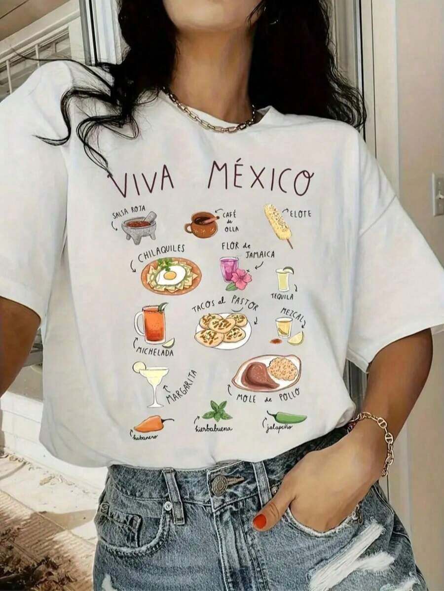 Women's Blouses, Women's T-Shirts, Casual Blouses For Ladies. Oversized Printed T-Shirt For Women With An Illustrated Design Of Typical Mexican Food And Drinks, Featuring The Phrase "Viva México," Ideal For A Cultural And Gastronomic Look. P7LJ - 白色 - 查看 1