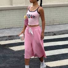 Muchic New Autumn Styles For Women Pink Knitted Wide-Leg Bermuda Shorts, Solid Color, Simple And Casual Everyday Wear, Suitable For Daily Street Wear - Rosa Pálido - Ver 5