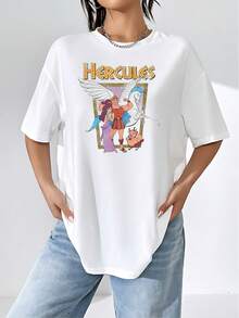 Ilustración de héroe mitológico Hércules junto a Pegaso y amigos que simboliza valentía, fuerza y lealtad, inspirado en la antigua Grecia y en historias épicas camisetas de mujer  casual cómoda para uso diario y amante de lo clásico - Blanco - Ver 6