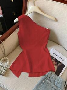 Camiseta elegante de unicolor con cuello asimétrico y abertura - Rojo - Ver 2