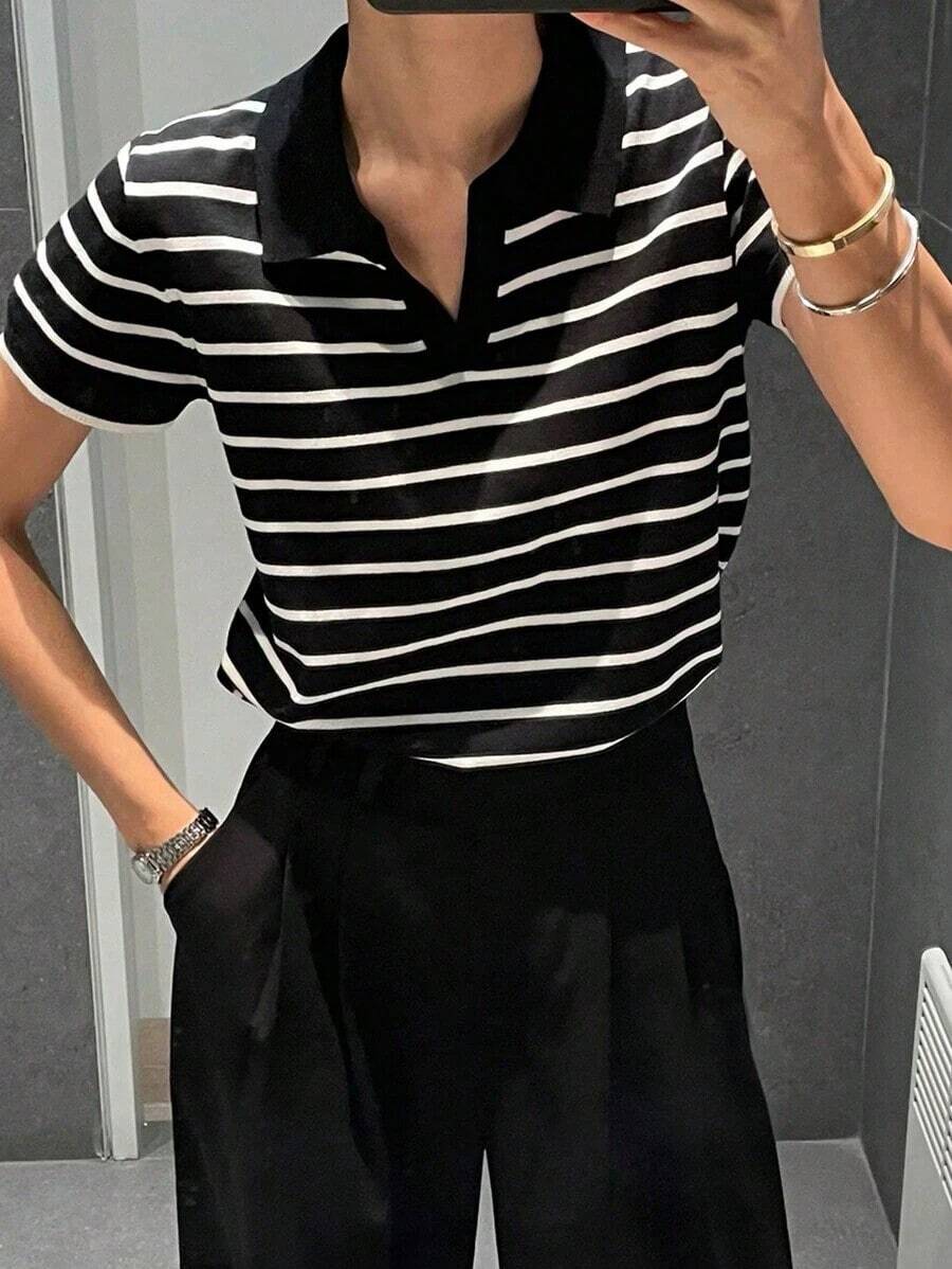 Suéter de mujer con cuello y mangas cortas a rayas para otoño - Blanco y Negro - Ver 1