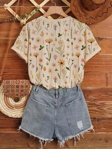 Camiseta casual de mujer de manga corta, cuello redondo, con estampado floral de verano - Caqui 2 - Ver 2