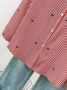 Camisa de manga larga con estampado a rayas y lazo, con botones delanteros, cuello de camisa, top casual, adecuado para primavera, otoño e invierno en color rosa - Rojo - Ver 7
