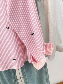 Camisa de manga larga con estampado a rayas y lazo, con botones delanteros, cuello de camisa, top casual, adecuado para primavera, otoño e invierno en color rosa - Rosa - Ver 6