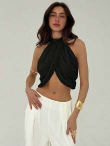 Blusa elegante y sexy para mujer con cuello cruzado, fruncido en la espalda y botones, de estilo casual y de vacaciones, de gasa - Negro - Ver 4