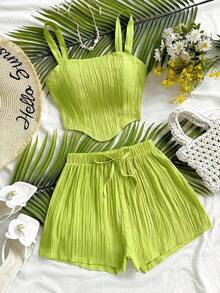 Conjunto de 2 piezas de camiseta sin mangas y pantalones cortos de unicolor casual para vacaciones de mujer - Verde - Ver 7