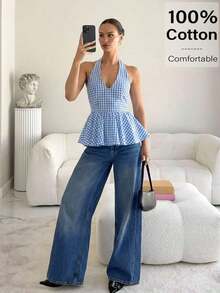 Blusa de moda para fiesta con cuello halter, corbata y fruncido en el diseño - Celeste - Ver 3