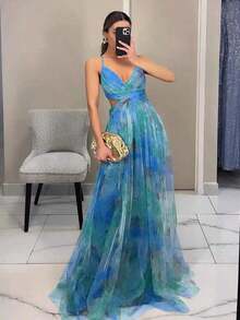 Dresses For WomenSpring And Summer New Mesh Printing Suspender Dress Vacation Casual Party DressLoose And Comfortablevestidos De Mujer - 綠色 - 查看 1