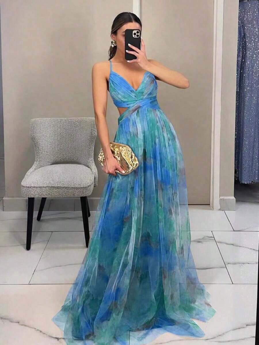 Dresses For WomenSpring And Summer New Mesh Printing Suspender Dress Vacation Casual Party DressLoose And Comfortablevestidos De Mujer - 綠色 - 查看 1