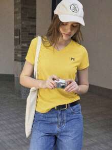 Camiseta de manga corta casual de verano para mujer con estampado de lazo - Amarillo - Ver 7
