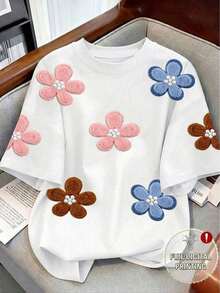Camiseta de mujer de cuello redondo con estampado de contraste de color degradado de fresa, para verano - Blanco - Ver 3