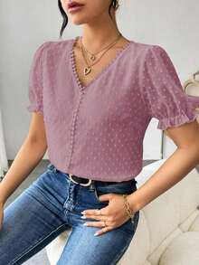 Blusa de gasa con estampado de lunares francés de moda para mujer, diseño elegante y elegante de manga corta con volantes para el verano - Morado - Ver 3