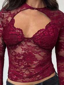 Blusa de manga larga con cuello en V profundo, transparente y con detalles de encaje negro para mujeres - Burdeos - Ver 7