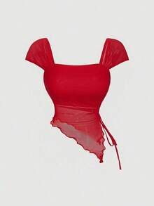 Camiseta de mujer con lazo lindo en rojo, top casual, camiseta de moda, para el Día de San Valentín, top asimétrico, top rojo, top de fiesta, top de club, top de fiesta, perfecto para vacaciones, citas, picnics, fiestas, bailes de graduación, fe - Rojo - Ver 2