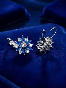 1 par de pendientes de cobre con circonita azul marino y estilo floral europeo y americano, elegantes pendientes versátiles para fiestas para mujeres - Azul - Ver 5