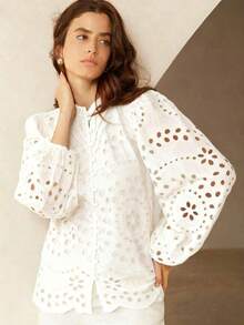 Nueva llegada Blusa de manga larga con bordado, estilo francés casual, con pliegues y calados en la parte delantera - Blanco - Ver 6