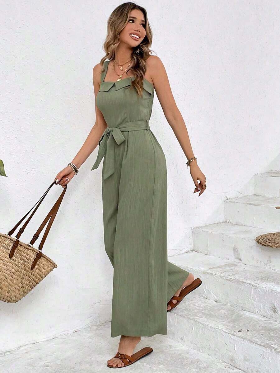 Mono ancho de pierna casual de unicolor con atar a la cintura para mujer - Verde - Ver 1