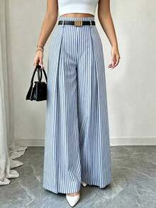 Pantalones de traje a rayas azul marino para mujer, de cintura alta, elegantes y de moda, con pliegues, cintura elástica, rectos y anchos, casuales, adecuados para primavera/otoño, uso diario y versátiles - Azul y blanco - Ver 4