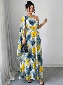 Elenzya Vestido maxi de talla grande sin mangas con cintura anudada, estampado de flores efecto tie-dye, elegante vestido de estilo francés para vacaciones de primavera/verano - Multicolor - Ver 3