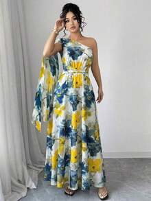 Elenzya Vestido maxi de talla grande sin mangas con cintura anudada, estampado de flores efecto tie-dye, elegante vestido de estilo francés para vacaciones de primavera/verano - Multicolor - Ver 7