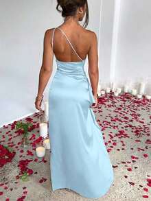 Vestido de satén de seda de un solo hombro con pliegues de unicolor para mujer, con espalda descubierta y abertura alta hasta el muslo, adecuado para discoteca, fiesta, salida, fiesta, cóctel, invitado de boda y elegante verano - Celeste - Ver 9